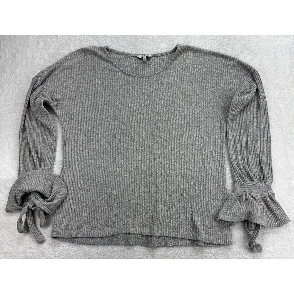Lucky Brand Ribbed Pullover Sweater Women L Gray Flutter Sleeve‎ Lagenlook